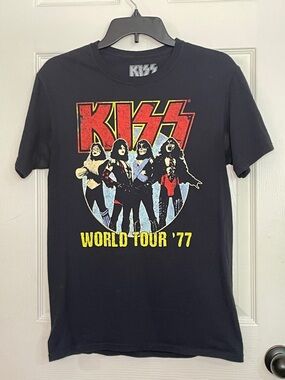Kiss Black Tee with Red & Yellow Band Graphic. Size S